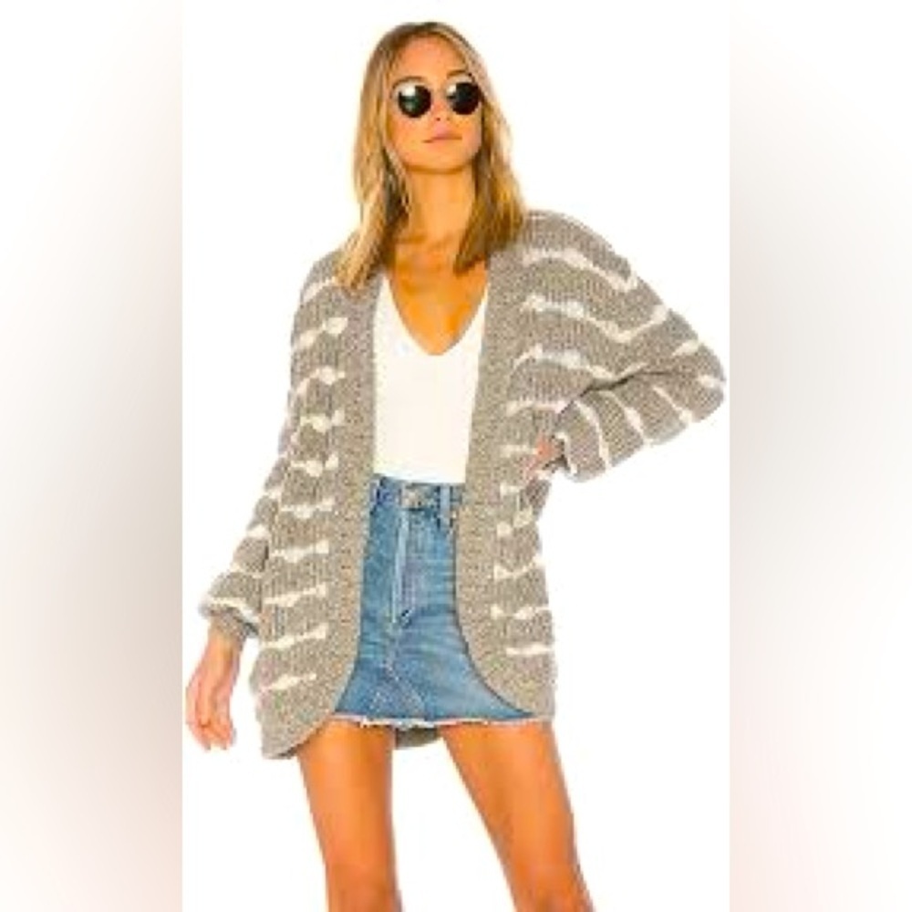 Tularosa Carmine Gray & White Stripe Chunky Knit Open Front Cardigan Sweater M